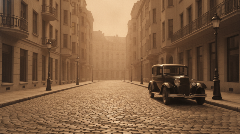 Prvorepubliková ulice s dobovým automobilem, ilustrace k tématu první republika